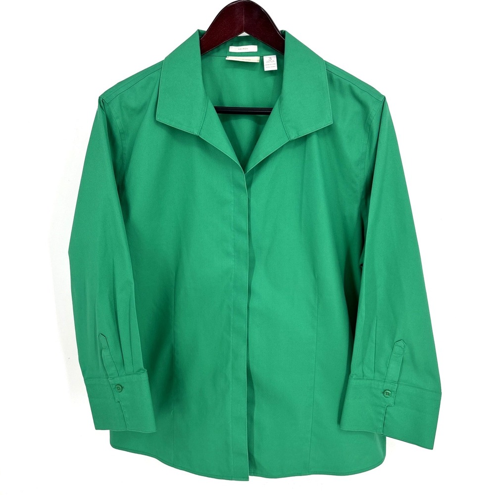 Chicos No Iron Dress Shirt 3 XL 16‎ 18 Green 3/4 Sleeve Button Up Collared